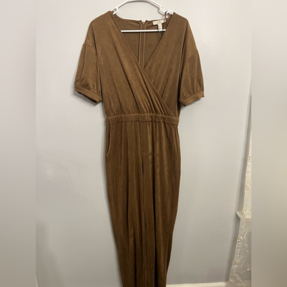 Halston Womens Sepia Jumpsuit Brown Stretch V Neck Snap No‎ Belt XS